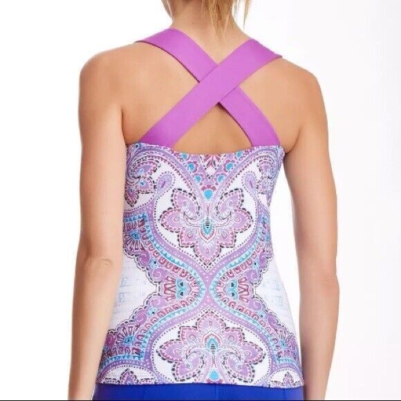 NWT Womens PrAna Yoga USA Cross Strap Top Bra New Phoebe S Purple Blue White - Picture 1 of 6